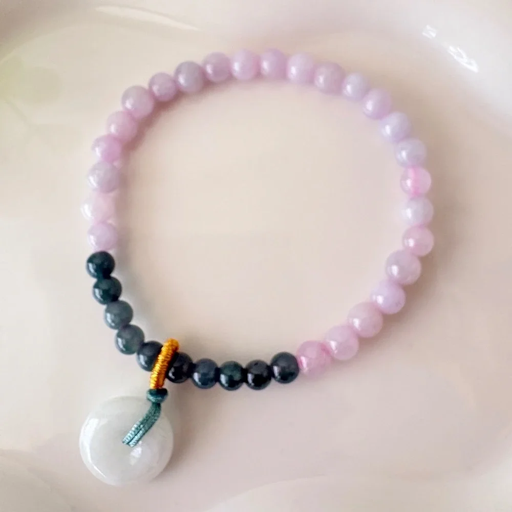Authentic Lavender & Green Jade Beaded Bracelet with White Jade Donut Charm
